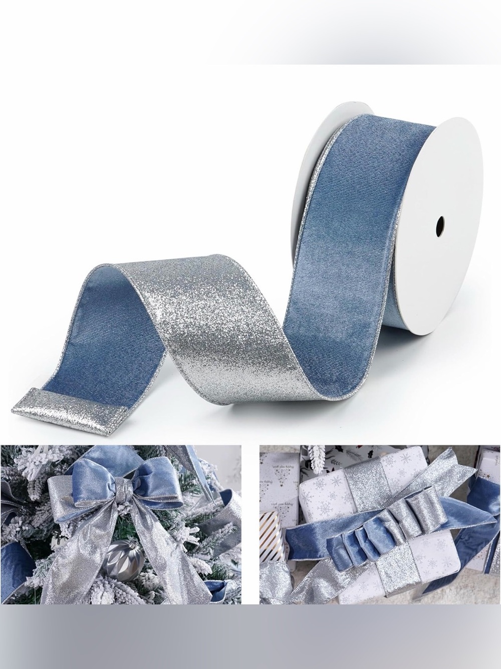Blue Velvet and Glitter Silver-Blue Ribbon - Decorative Gift & Tree Bow